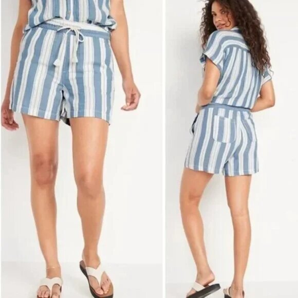 Old Navy Dimension Blue & White Striped High Waisted Textured Cotton Shorts - Picture 1 of 6